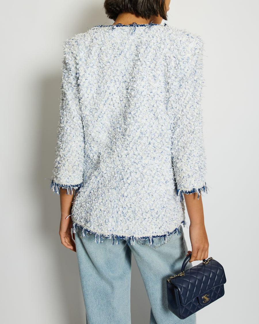 Chanel SS18 White and Blue Fantasy Tweed Jacket with Silver CC Logo Button Detail Size FR 38 (UK 10) RRP £5,100