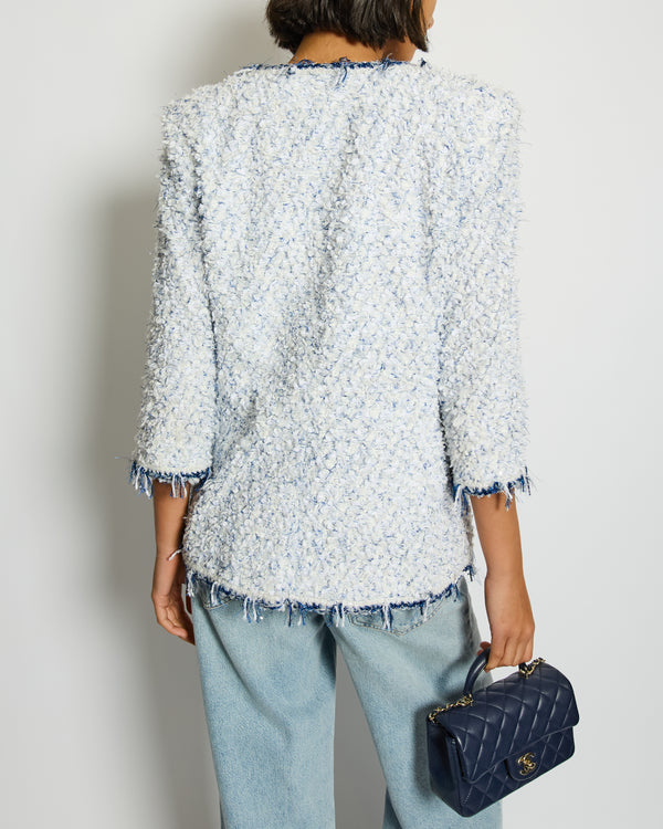Chanel SS18 White and Blue Fantasy Tweed Jacket with Silver CC Logo Button Detail Size FR 38 (UK 10) RRP £5,100