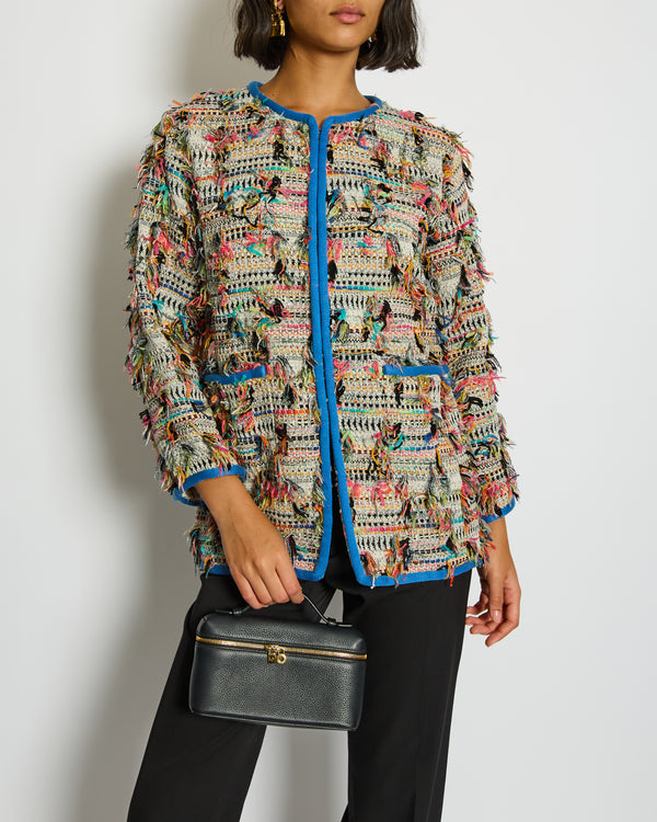 Chanel SS17 Multicolour and Blue Trim Fantasy Tweed jacket with Silver CC Logo Button Detail Size FR 38 (UK 10)