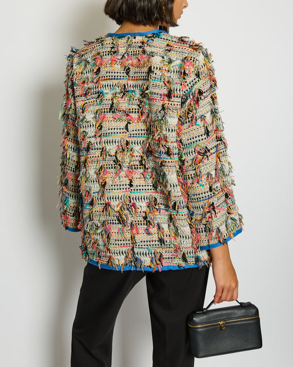 Chanel SS17 Multicolour and Blue Trim Fantasy Tweed jacket with Silver CC Logo Button Detail Size FR 38 (UK 10)