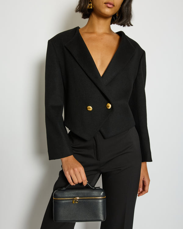 Celine Black Double Breasted Cropped Wool Jacket with Gold Triomphe Logo Button Detail Size FR 34 (UK 6)