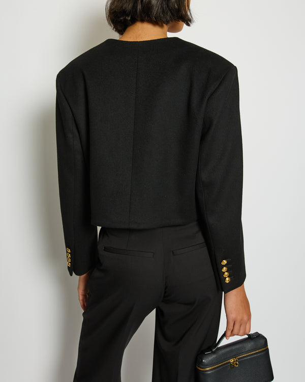 Celine Black Double Breasted Cropped Wool Jacket with Gold Triomphe Logo Button Detail Size FR 34 (UK 6)