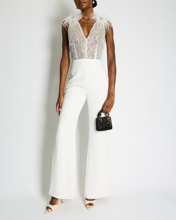 Nadine Merabi White Sequin and Feather Embellished Sleeveless Jumpsuit Size UK 8