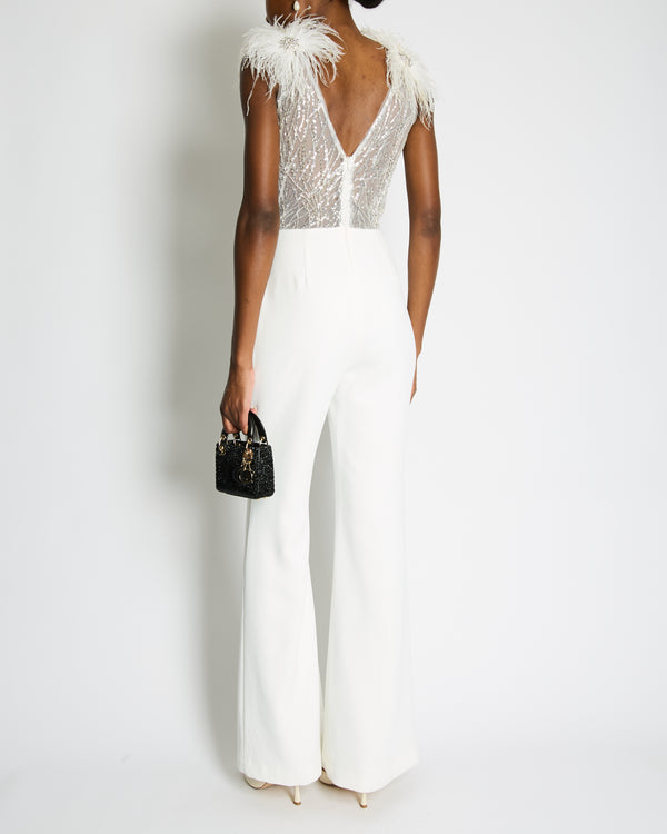 Nadine Merabi White Sequin and Feather Embellished Sleeveless Jumpsuit Size UK 8