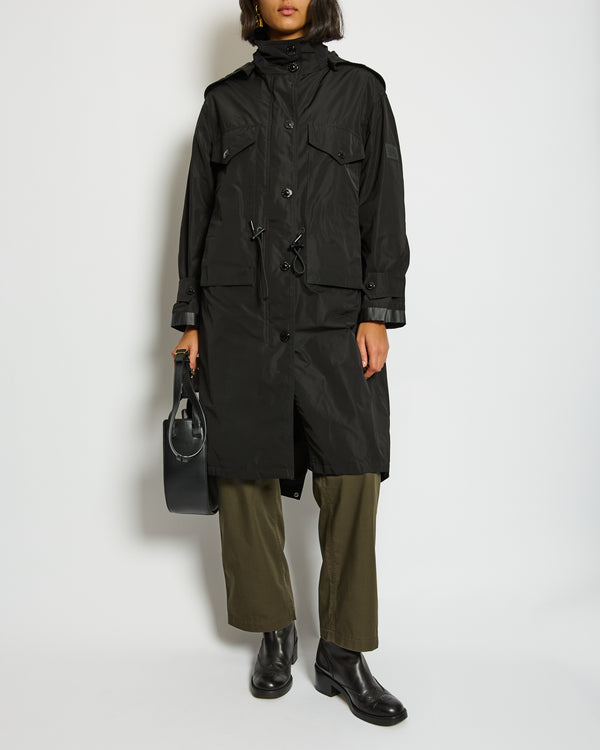 Burberry Black Nylon Trench Coat with Draw Strings Detail Size UK 6