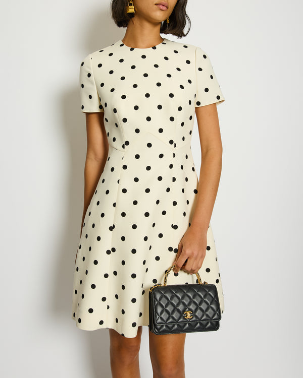 Valentino White Crepe De Chine Short Sleeve Mini Dress with Black Polkadot Details Size IT 38 (UK 6)