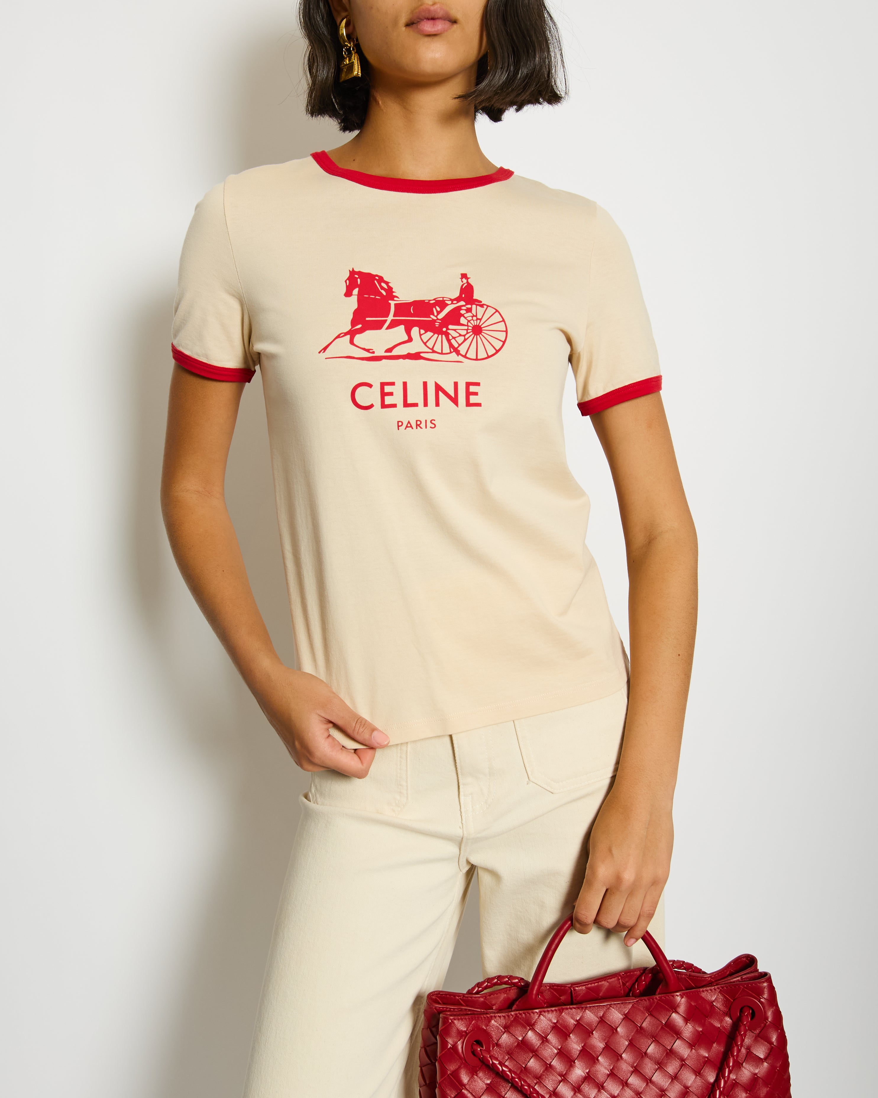 Céline Beige Logo Triomphe Short Sleeve T-Shirt Size FR 36