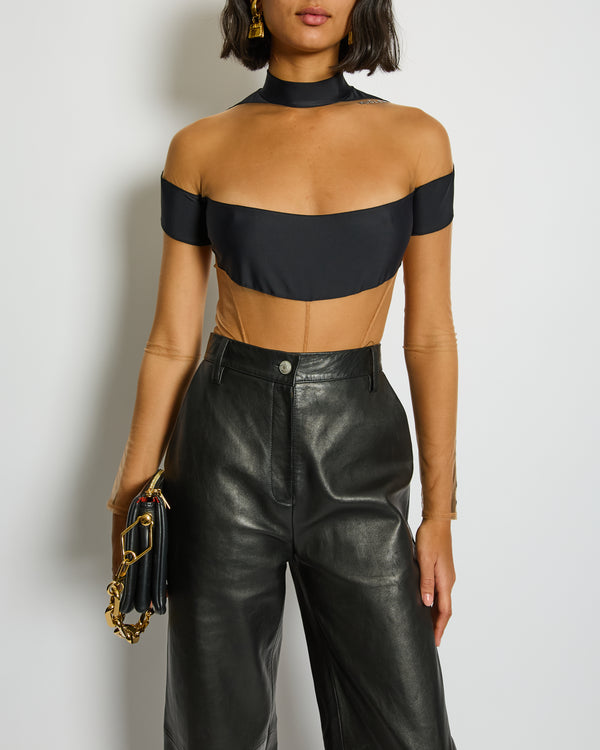 Mugler Black Mesh Mid-Neck Long Sleeve Bodysuit with Logo Detail Size FR 40 UK 12)
