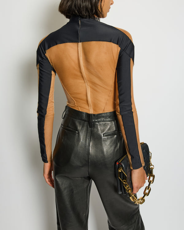 Mugler Black Mesh Mid-Neck Long Sleeve Bodysuit with Logo Detail Size FR 40 UK 12)
