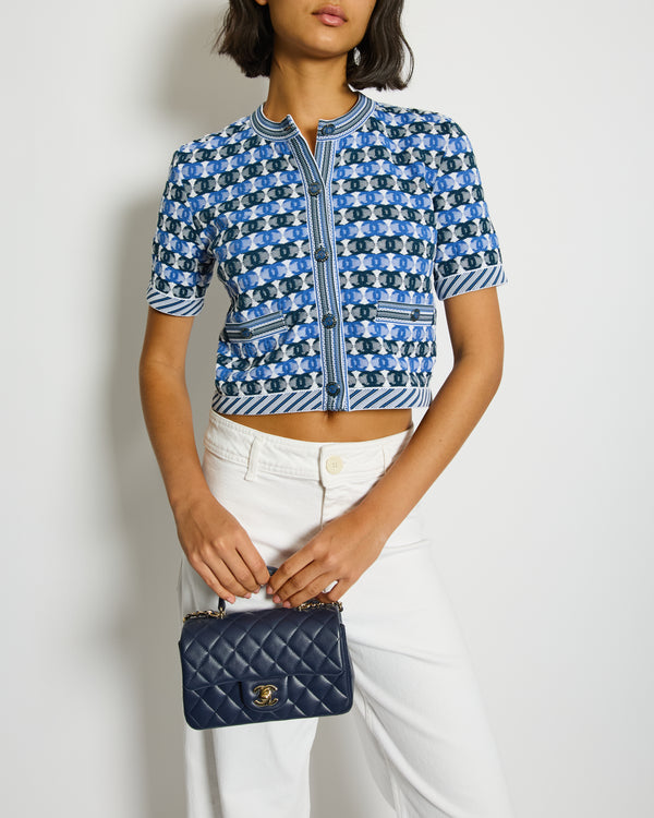 Chanel 19P Blue, Navy and White Short Sleeve Cardigan with CC Logo Pattern and Size FR 36(UK 8) RRP £1750