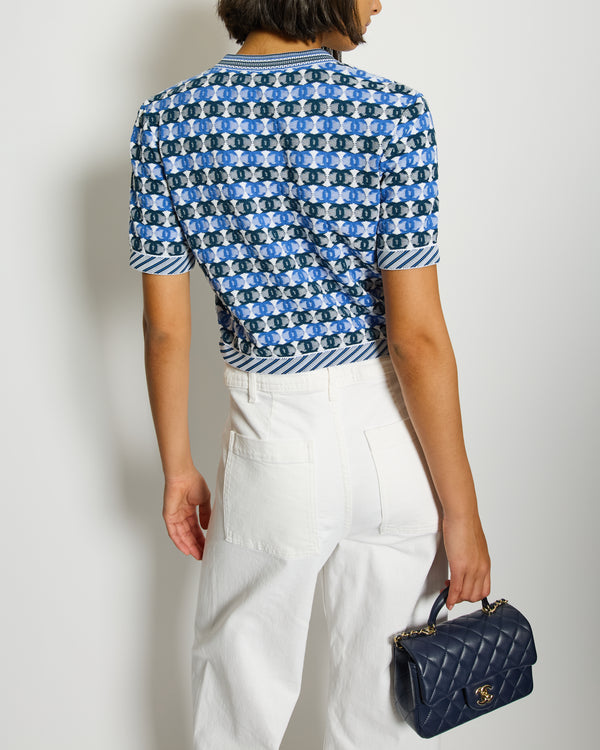 Chanel 19P Blue, Navy and White Short Sleeve Cardigan with CC Logo Pattern and Size FR 36(UK 8) RRP £1750