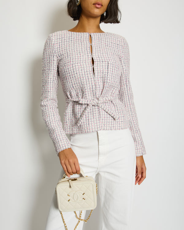 Chanel 14/S White, Pink and Navy Cropped Tweed Jacket with Waist Belt, Size FR 36 (UK 8)