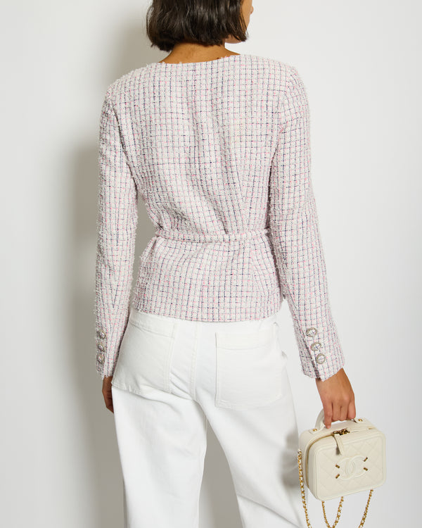 Chanel 14/S White, Pink and Navy Cropped Tweed Jacket with Waist Belt, Size FR 36 (UK 8)