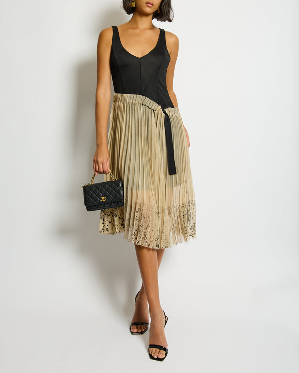 Fendi Black Sleeveless Asymmetric Midi Dress with Beige Pleated Skirt Detail Size IT 44 (UK 12)