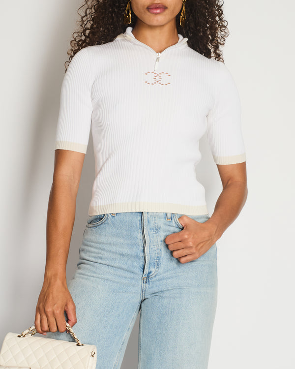 Chanel White Ribbed Hooded Top with CC Logo Detail Size FR 34 (UK 6) RRP £2,100