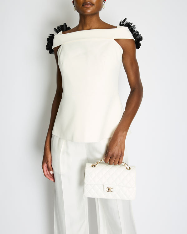 Safiyaa White Off Shoulder Top with Black Floral Embellishment Detail Size UK 14