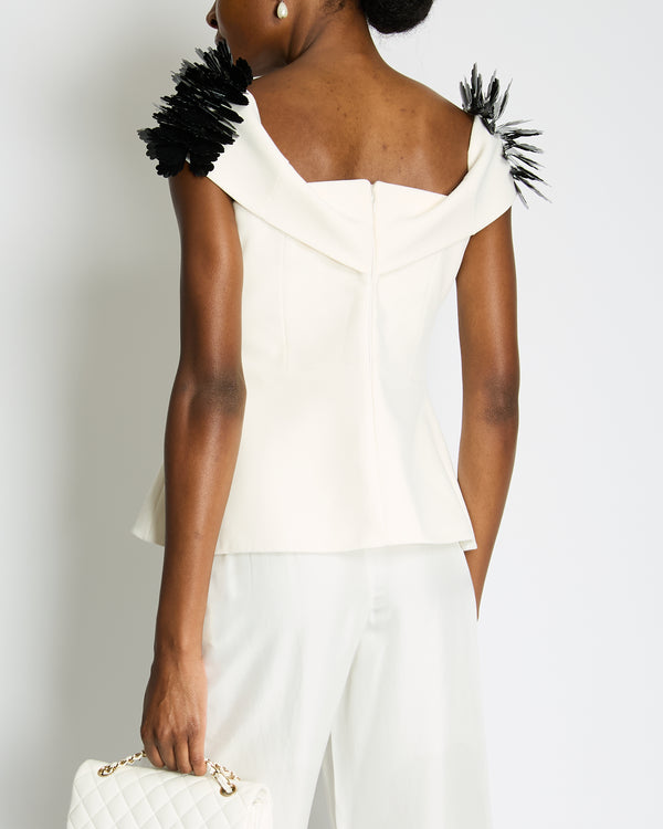 Safiyaa White Off Shoulder Top with Black Floral Embellishment Detail Size UK 14