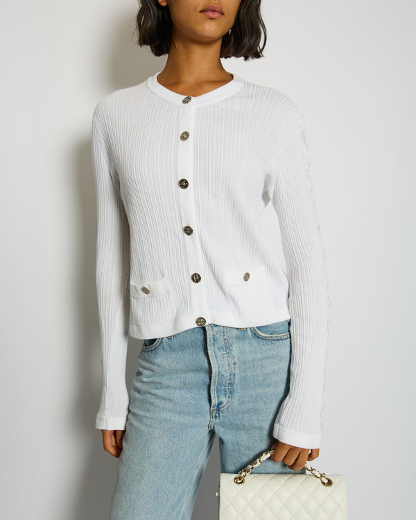Chanel 21/A White Button Down Round Neck Ribbed Cardigan with CC Button Detail Size FR 42 (UK 14)