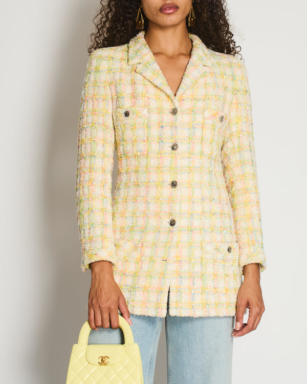 Chanel 96/P Vintage Pastel Yellow Tweed Dress Coat with Silver CC Button and Collar Detail FR 40 (UK 12)