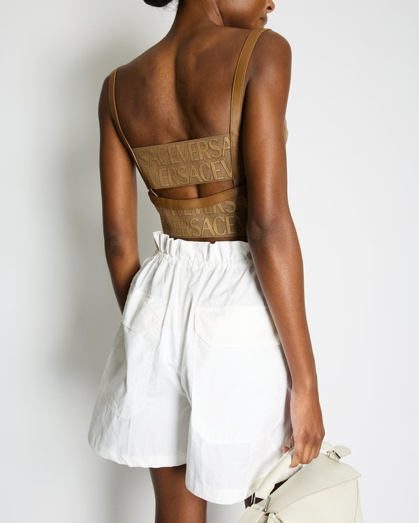 Versace Brown Allover Logo Leather-Trimmed Bustier Top Size IT 42 (UK 10) RRP £1,250