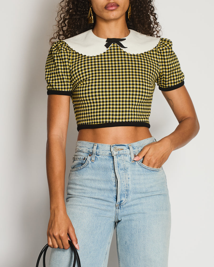 Miu Miu Yellow, Black and Houndstooth Short Sleeve Crop Top with White Scallop Collar Detail Size M (UK 10)