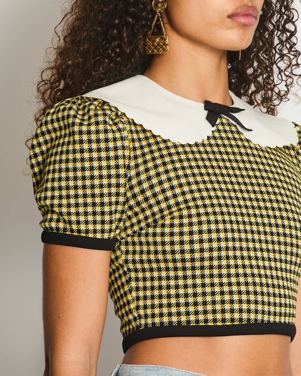 Miu Miu Yellow, Black and Houndstooth Short Sleeve Crop Top with White Scallop Collar Detail Size M (UK 10)