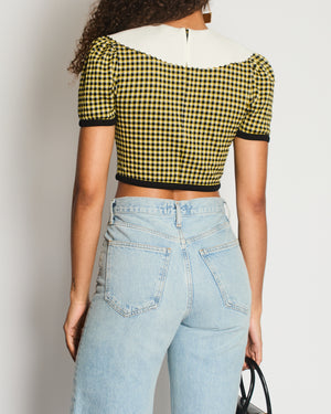 Miu Miu Yellow, Black and Houndstooth Short Sleeve Crop Top with White Scallop Collar Detail Size M (UK 10)