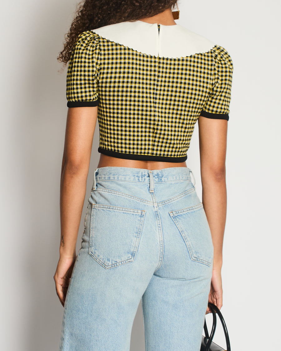Miu Miu Yellow, Black and Houndstooth Short Sleeve Crop Top with White Scallop Collar Detail Size M (UK 10)