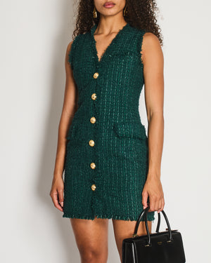 Balmain Green Sleeveless Tweed button Down V-Neck Mini Dress Size FR 38 (UK 10)