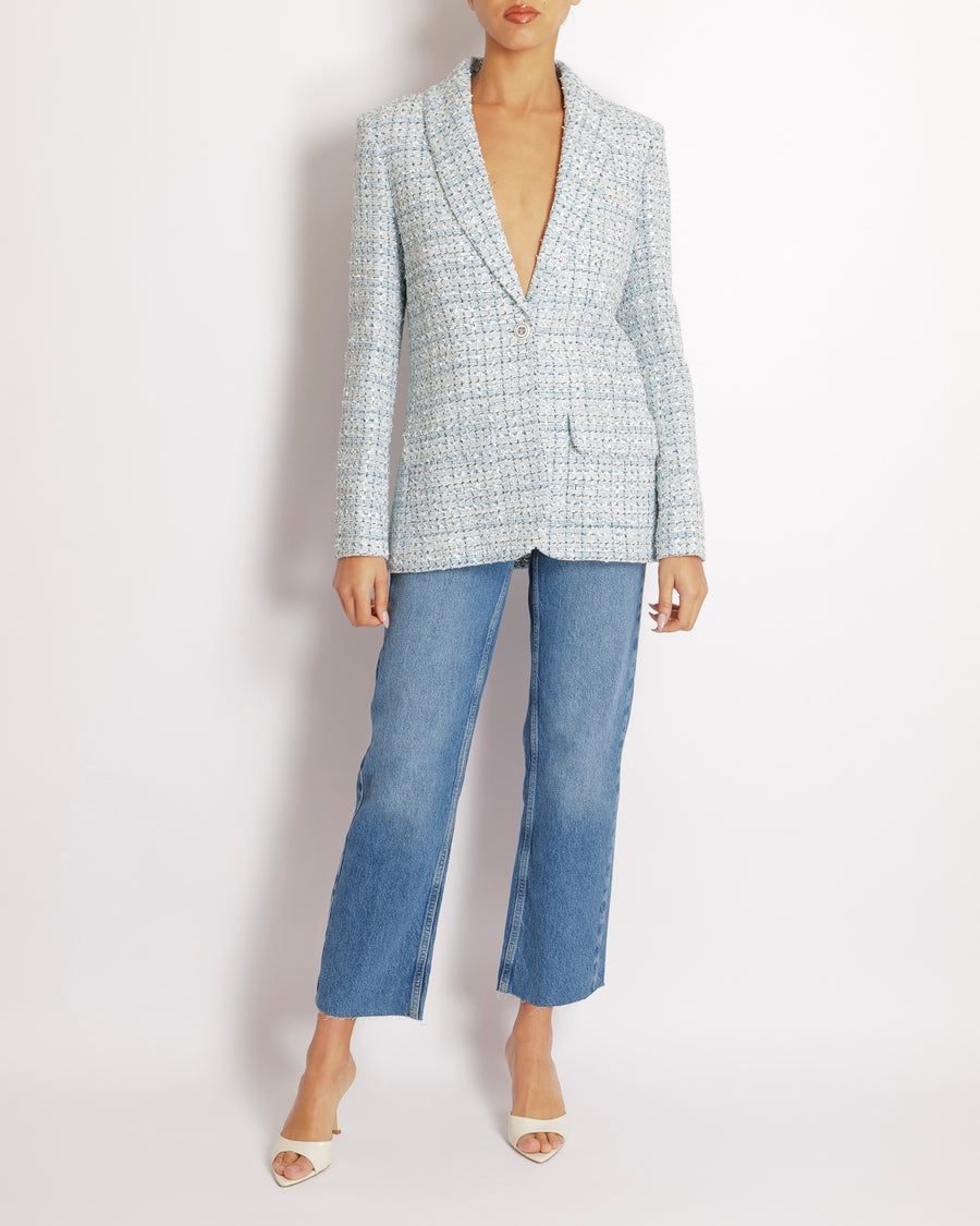 Chanel 19C Light Blue La Pausa Tweed Jacket with Silver and White CC Logo Buttons Size FR 40 (UK 12)