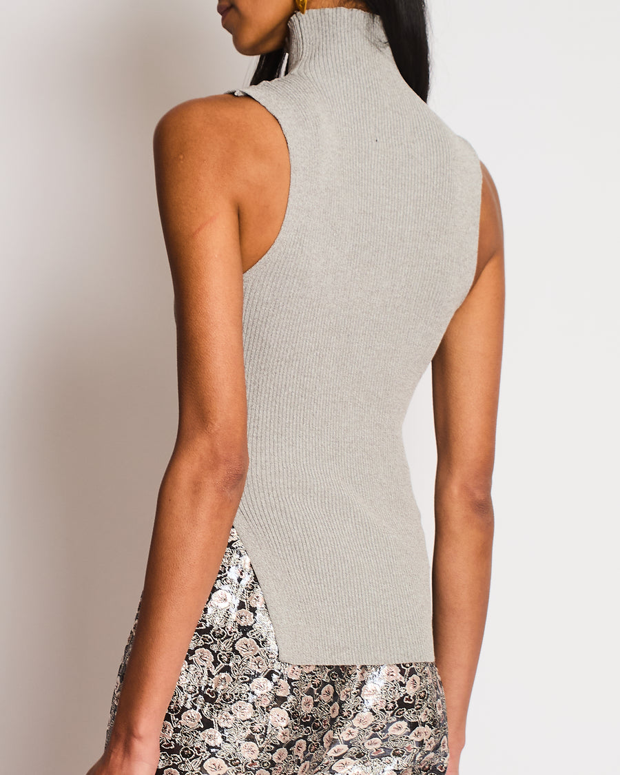 All The Ways Grey Ribbed Sleeveless High-Neck Top with Side Split Detail Size S (UK 6/8)