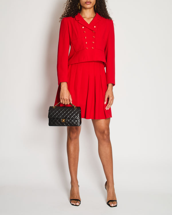 Chanel Vintage Spring 1995 Red Two-Piece Jacket and Pleated Skirt with Gold CC Logo Button FR 40 (UK 12)