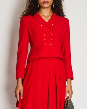 Chanel Vintage Spring 1995 Red Two-Piece Jacket and Pleated Skirt with Gold CC Logo Button FR 40 (UK 12)