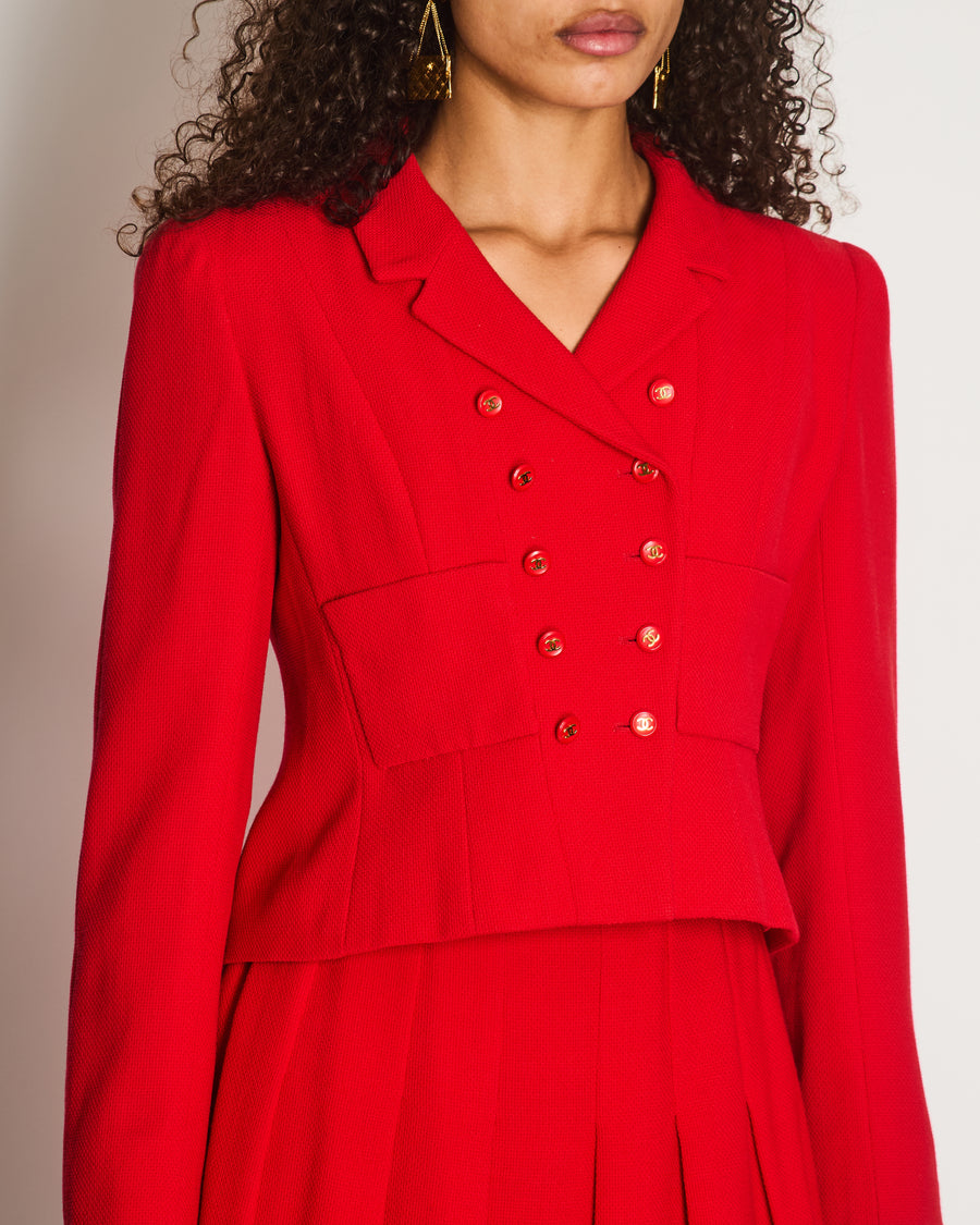 Chanel Vintage Spring 1995 Red Two-Piece Jacket and Pleated Skirt with Gold CC Logo Button FR 40 (UK 12)
