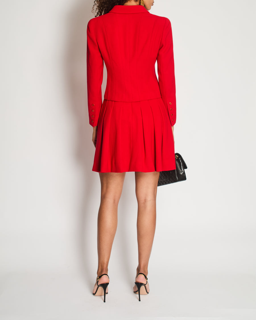 Chanel Vintage Spring 1995 Red Two-Piece Jacket and Pleated Skirt with Gold CC Logo Button FR 40 (UK 12)