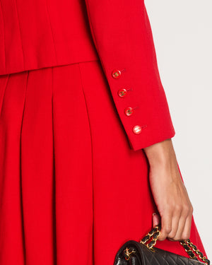 Chanel Vintage Spring 1995 Red Two-Piece Jacket and Pleated Skirt with Gold CC Logo Button FR 40 (UK 12)