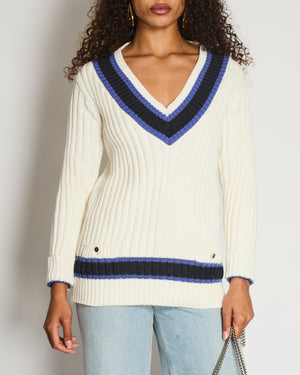 Chanel White, Black and Navy V Neck Knit Jumper with CC Button Details Size FR 40 (UK 12)