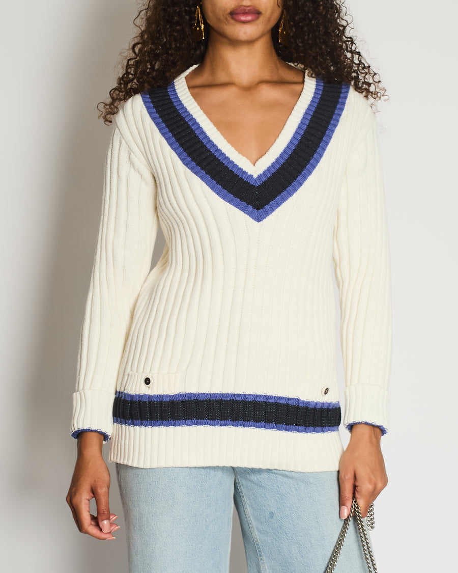 Chanel White, Black and Navy V Neck Knit Jumper with CC Button Details Size FR 40 (UK 12)