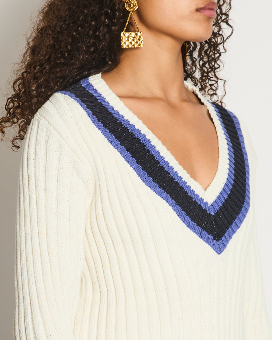 Chanel White, Black and Navy V Neck Knit Jumper with CC Button Details Size FR 40 (UK 12)