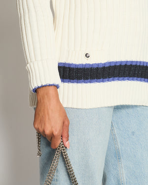 Chanel White, Black and Navy V Neck Knit Jumper with CC Button Details Size FR 40 (UK 12)
