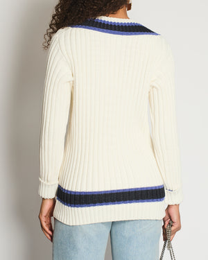 Chanel White, Black and Navy V Neck Knit Jumper with CC Button Details Size FR 40 (UK 12)