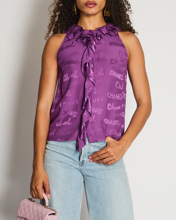 Chanel 22P Purple Silk Sleeveless Button Down Top with Ruffle Neckline and Logo Detail Size FR 38 (UK 10)
