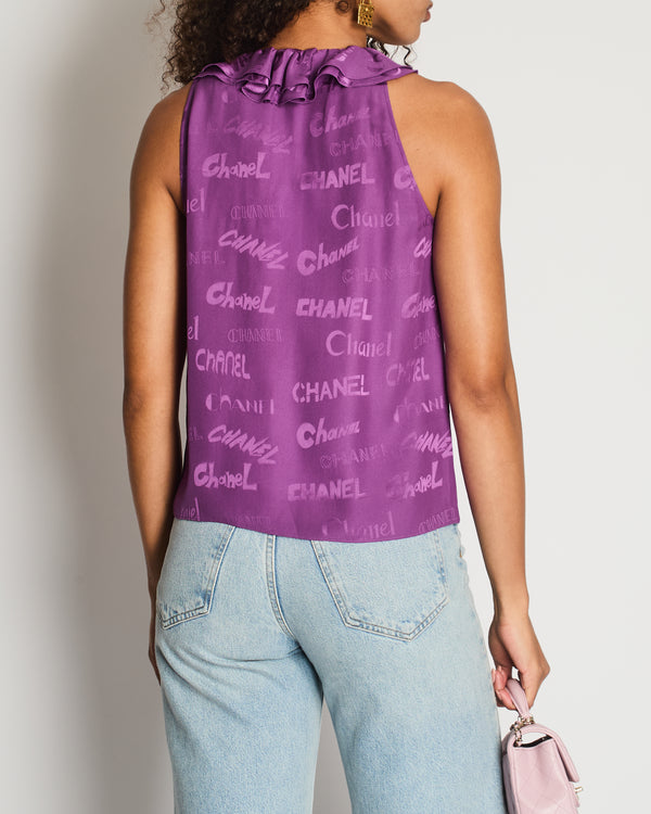 Chanel 22P Purple Silk Sleeveless Button Down Top with Ruffle Neckline and Logo Detail Size FR 38 (UK 10)