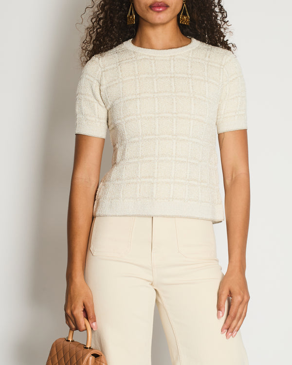 Gucci Cream and Gold Metallic Check Short Sleeve Jumper with Gold Button Logo Size S (UK 8)