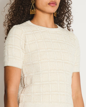 Gucci Cream and Gold Metallic Check Short Sleeve Jumper with Gold Button Logo Size S (UK 8)