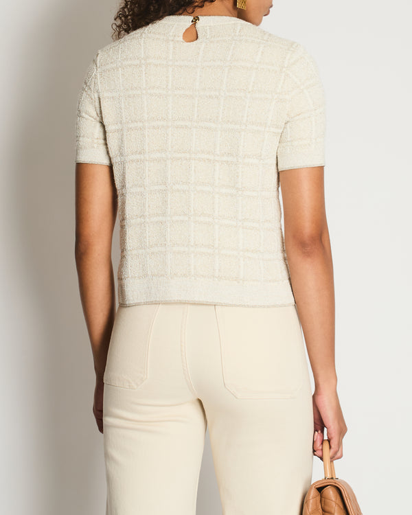 Gucci Cream and Gold Metallic Check Short Sleeve Jumper with Gold Button Logo Size S (UK 8)