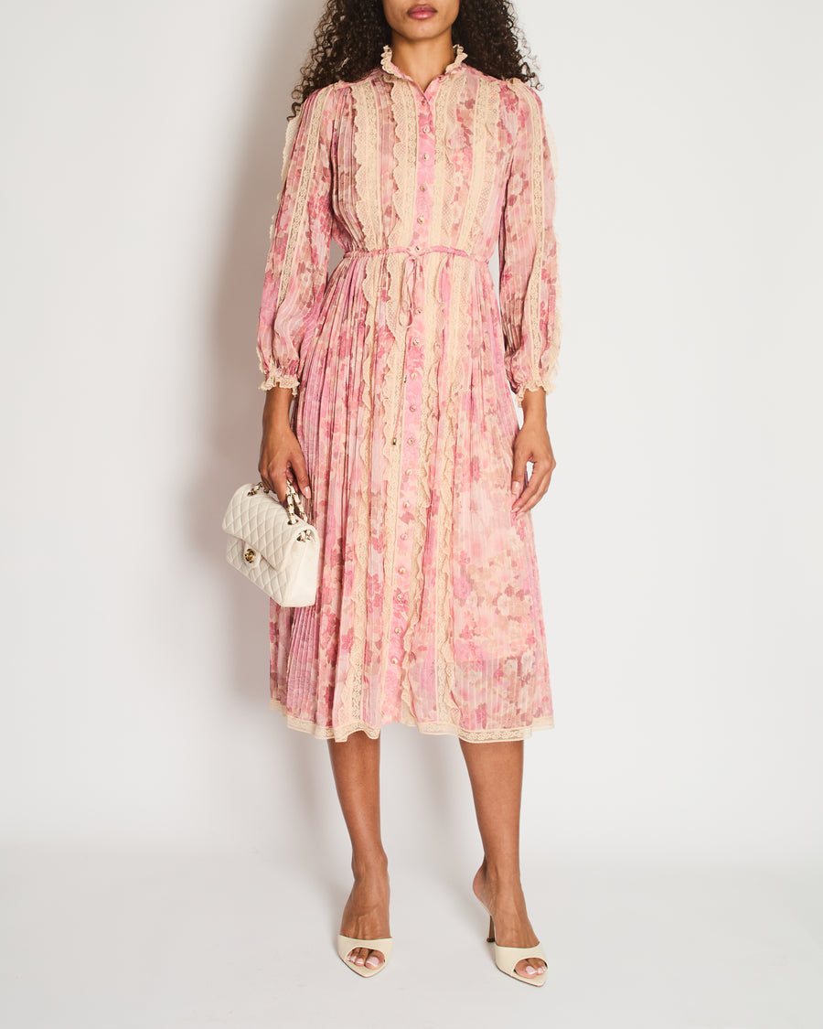 Zimmermann Pink Floral Viscose Long-Sleeve Floral Midi Dress with Lace Details Size 0 (UK 8)