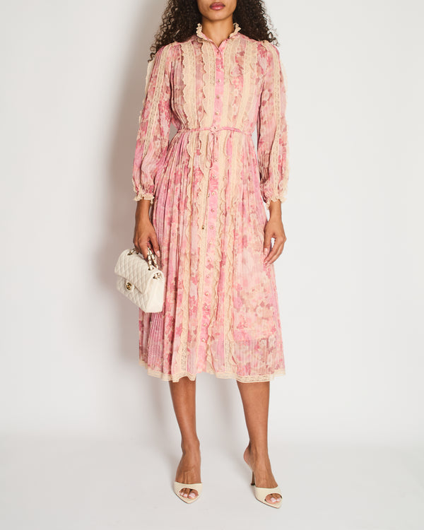 Zimmermann Pink Floral Viscose Long-Sleeve Floral Midi Dress with Lace Details Size 0 (UK 8)