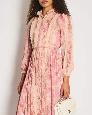 Zimmermann Pink Floral Viscose Long-Sleeve Floral Midi Dress with Lace Details Size 0 (UK 8)