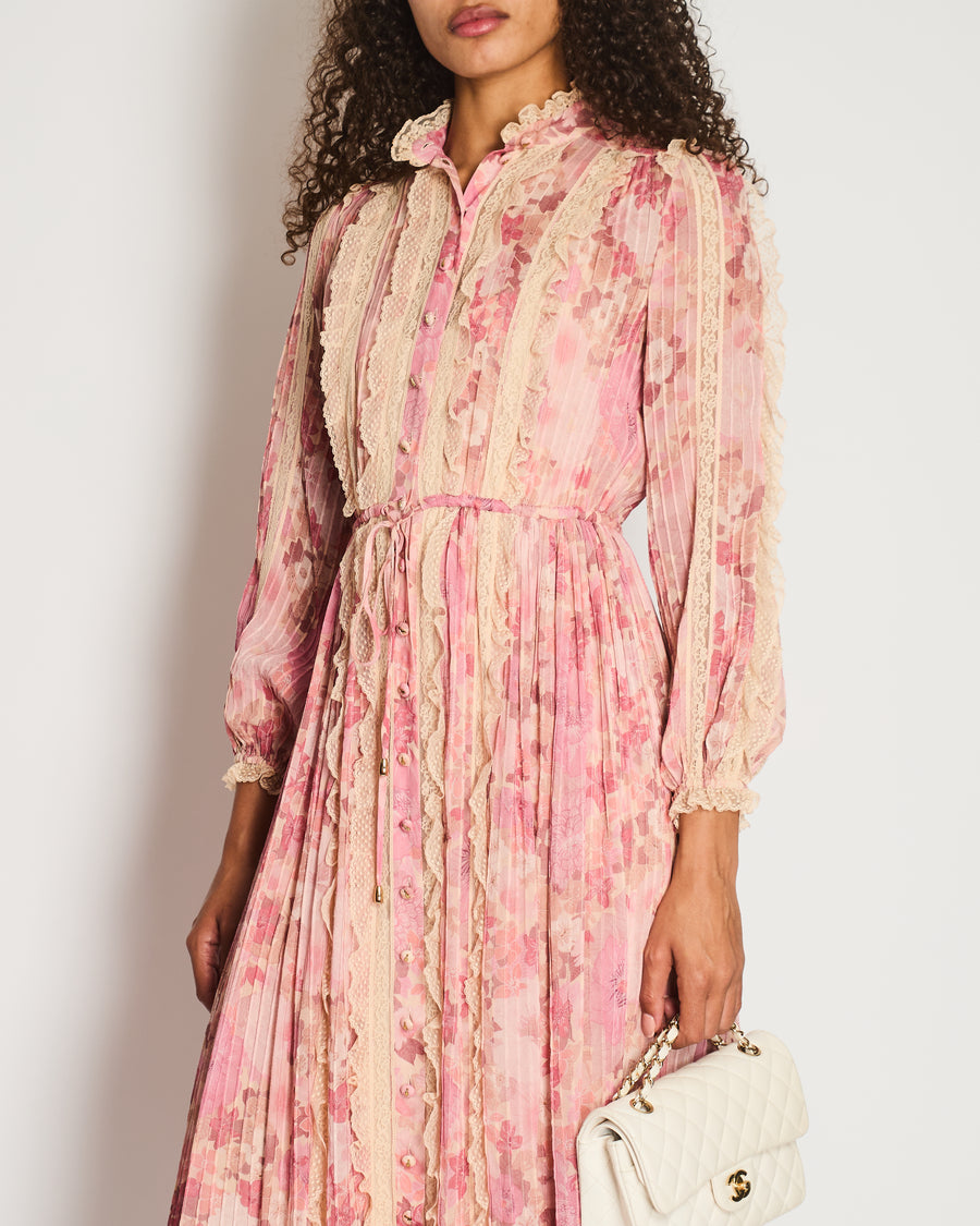 Zimmermann Pink Floral Viscose Long-Sleeve Floral Midi Dress with Lace Details Size 0 (UK 8)